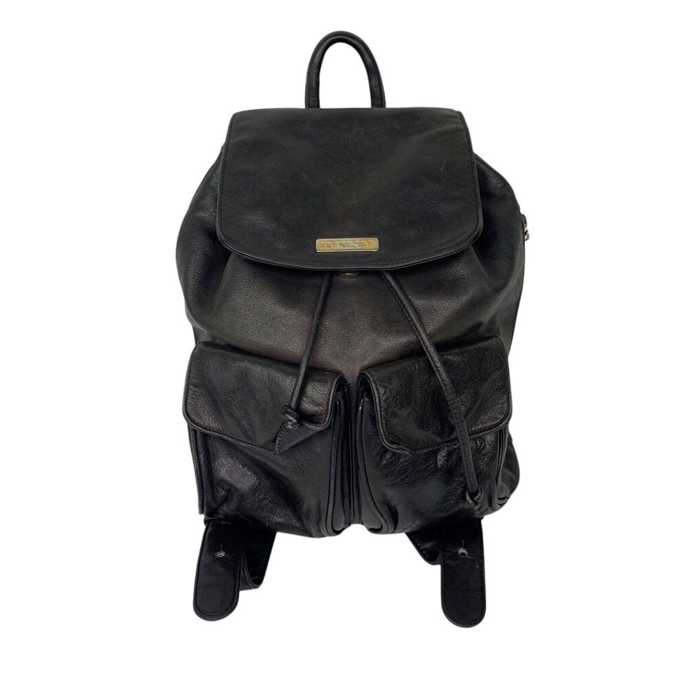 DKNY Classic Black Smooth Leather Mini Backpack Adjustable Straps